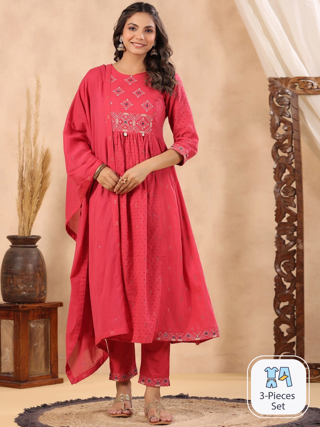 

Readiprint Fashions Floral Embroidered Pure Cotton Kurti with Trousers & Dupatta, Pink