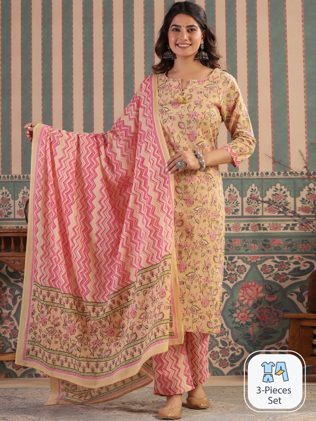 

Readiprint Fashions Floral Printed Sequinned Pure Cotton Kurti with Trousers & Dupatta, Beige
