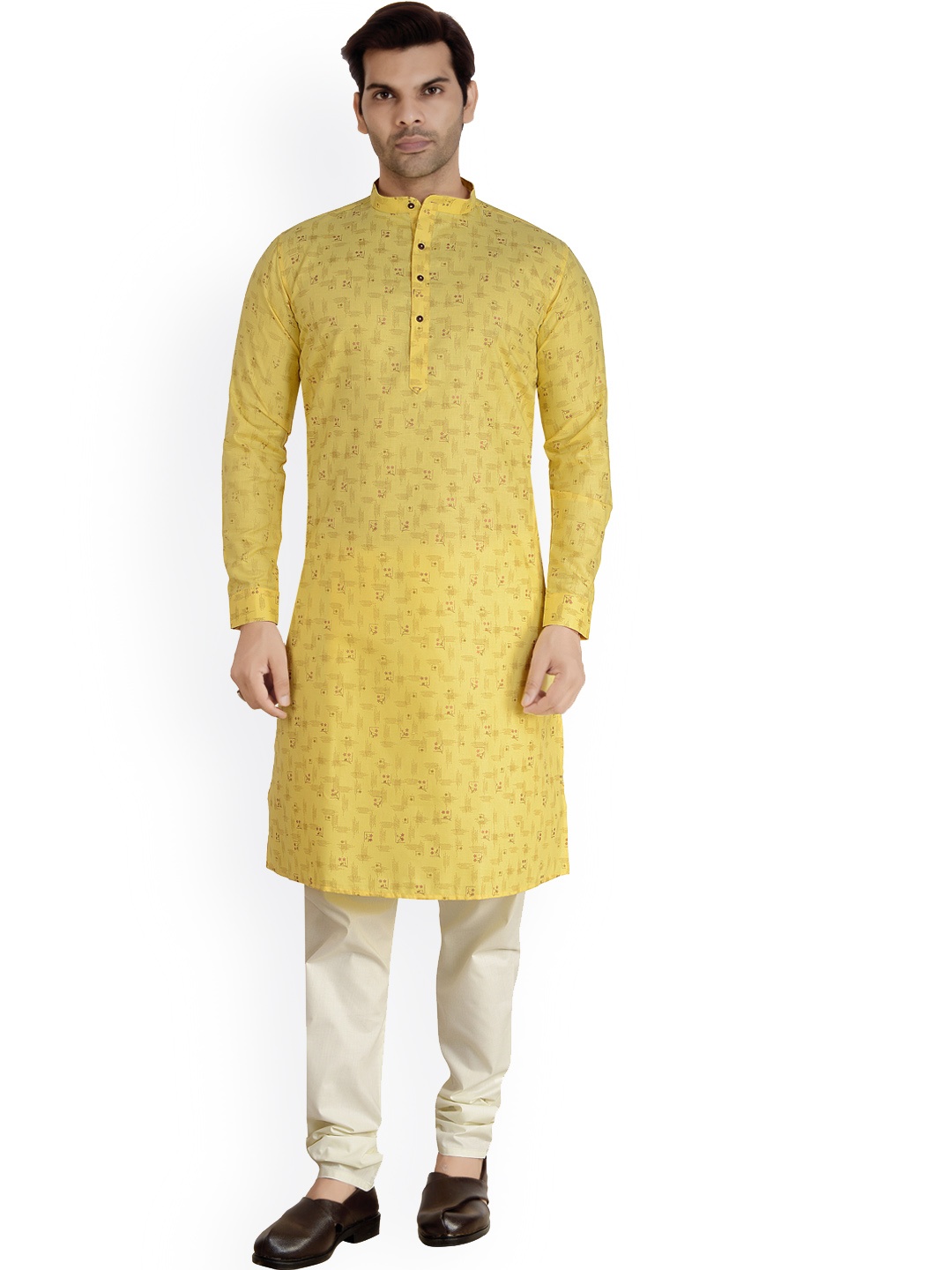 

ARRUGA Ethnic Motifs Printed Mandarin Collar Kurta With Churidar, Yellow