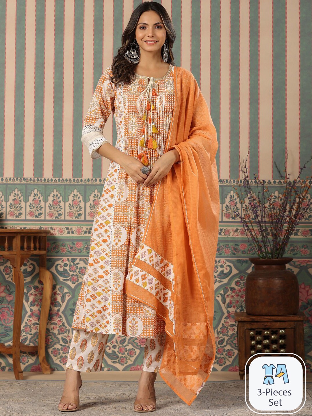 

Readiprint Fashions Floral Printed Panelled Pure Cotton Kurta With Trousers & Dupatta, Orange