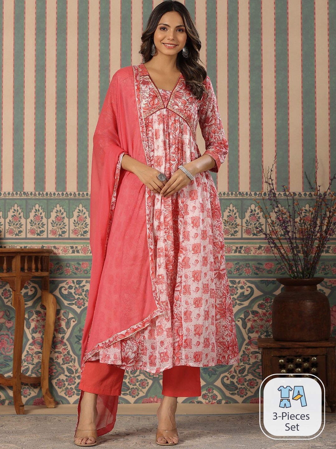 

Readiprint Fashions Floral Printed Empire Pure Cotton Kurta With Trousers & Dupatta, Peach