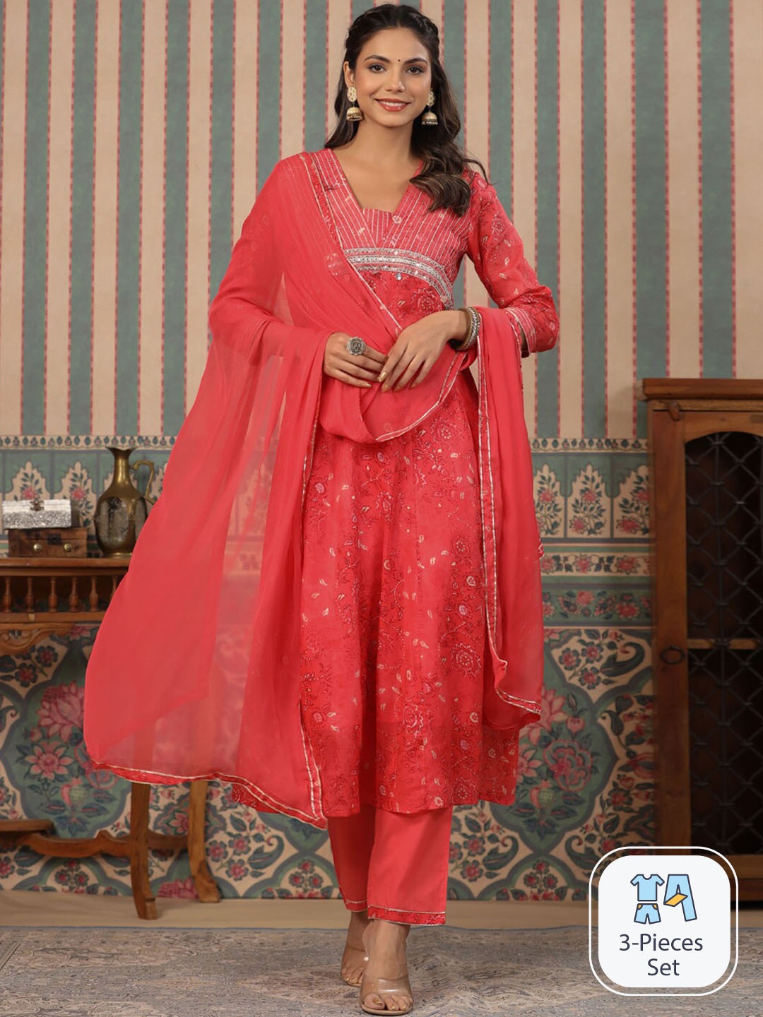 

Readiprint Floral Printed Gotta Patti Pure Cotton Kurta with Palazzos & Dupatta, Red