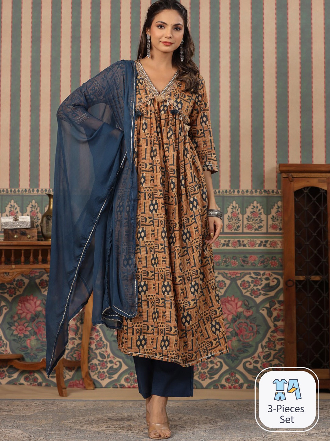 

Readiprint Printed Empire Mirror Work Pure Cotton Kurta With Trousers & Dupatta, Navy blue