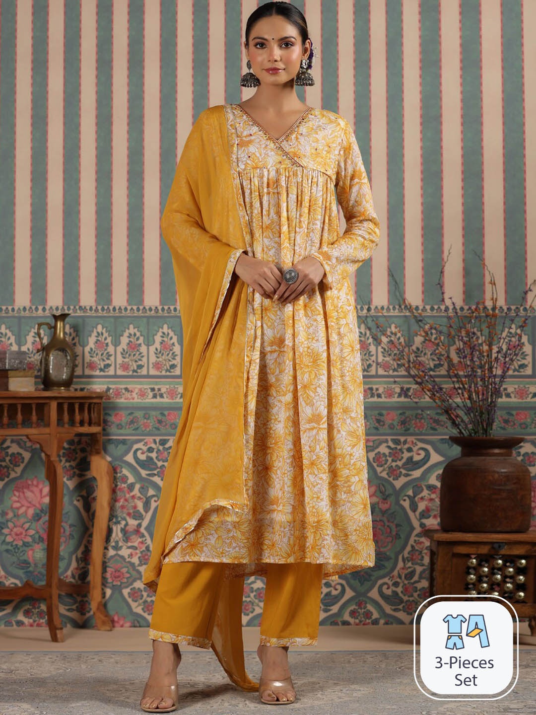 

Readiprint Floral Printed Empire Pure Cotton Kurta With Palazzos & Dupatta, Mustard