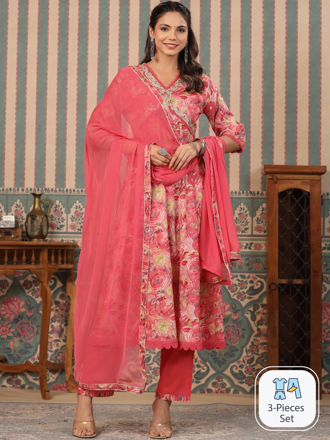 

Readiprint Fashions Floral Printed Empire Pure Cotton Kurta With Trousers & With Trousers, Pink