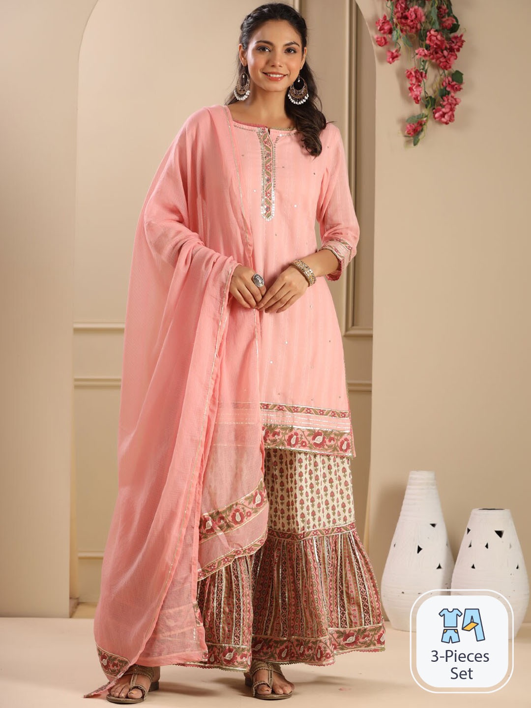 

Readiprint Fashions Floral Embroidered Pure Cotton Kurta With Sharara & With Dupatta, Peach