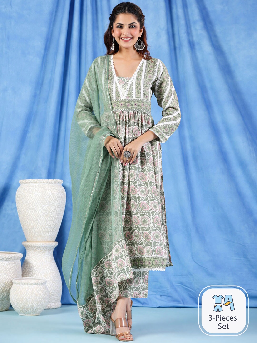 

Readiprint Floral Printed High Slit Pure Cotton Kurti With Trousers & Dupatta, Green