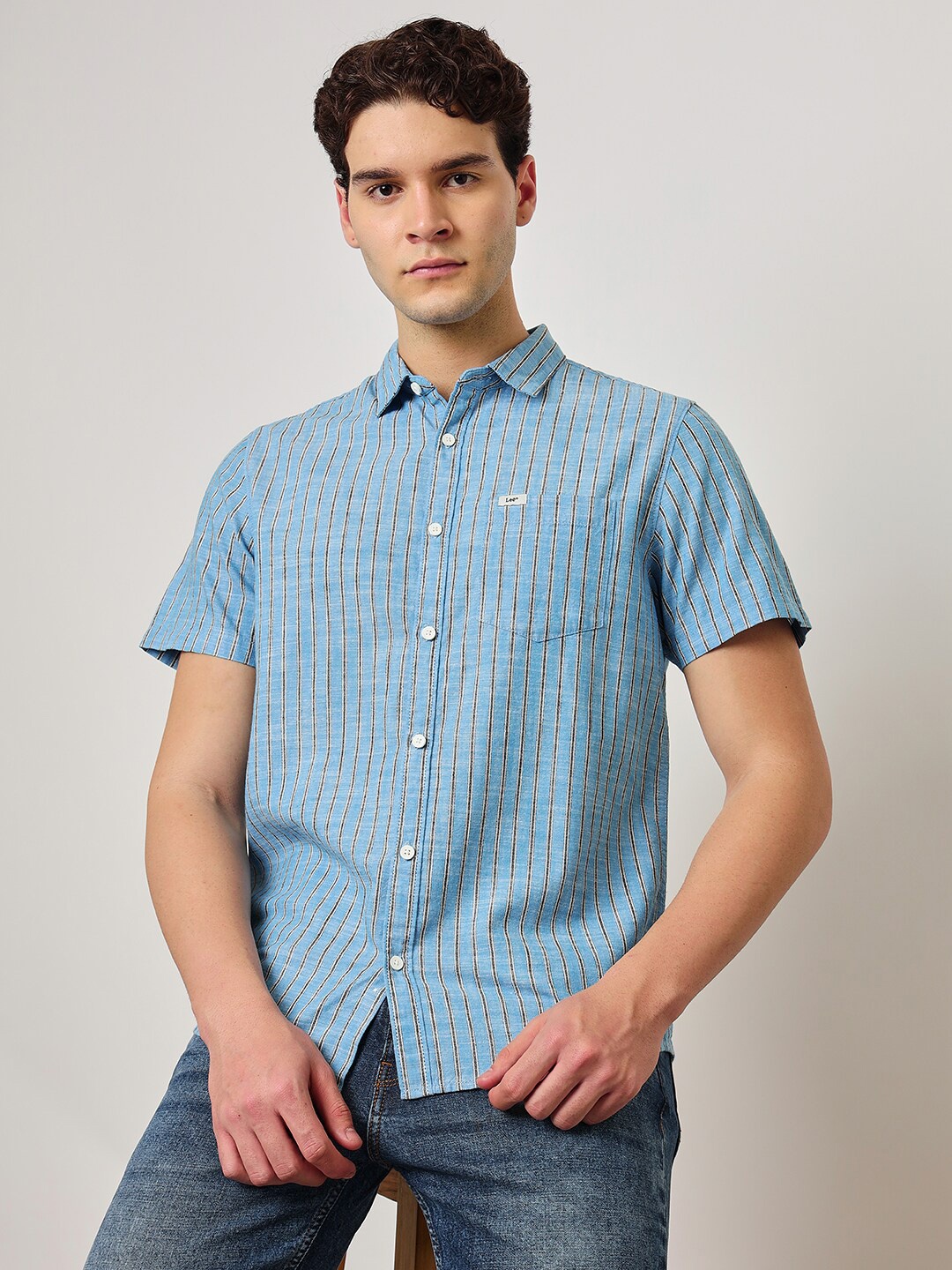

Lee Straight Checked Cotton Casual Shirt, Blue