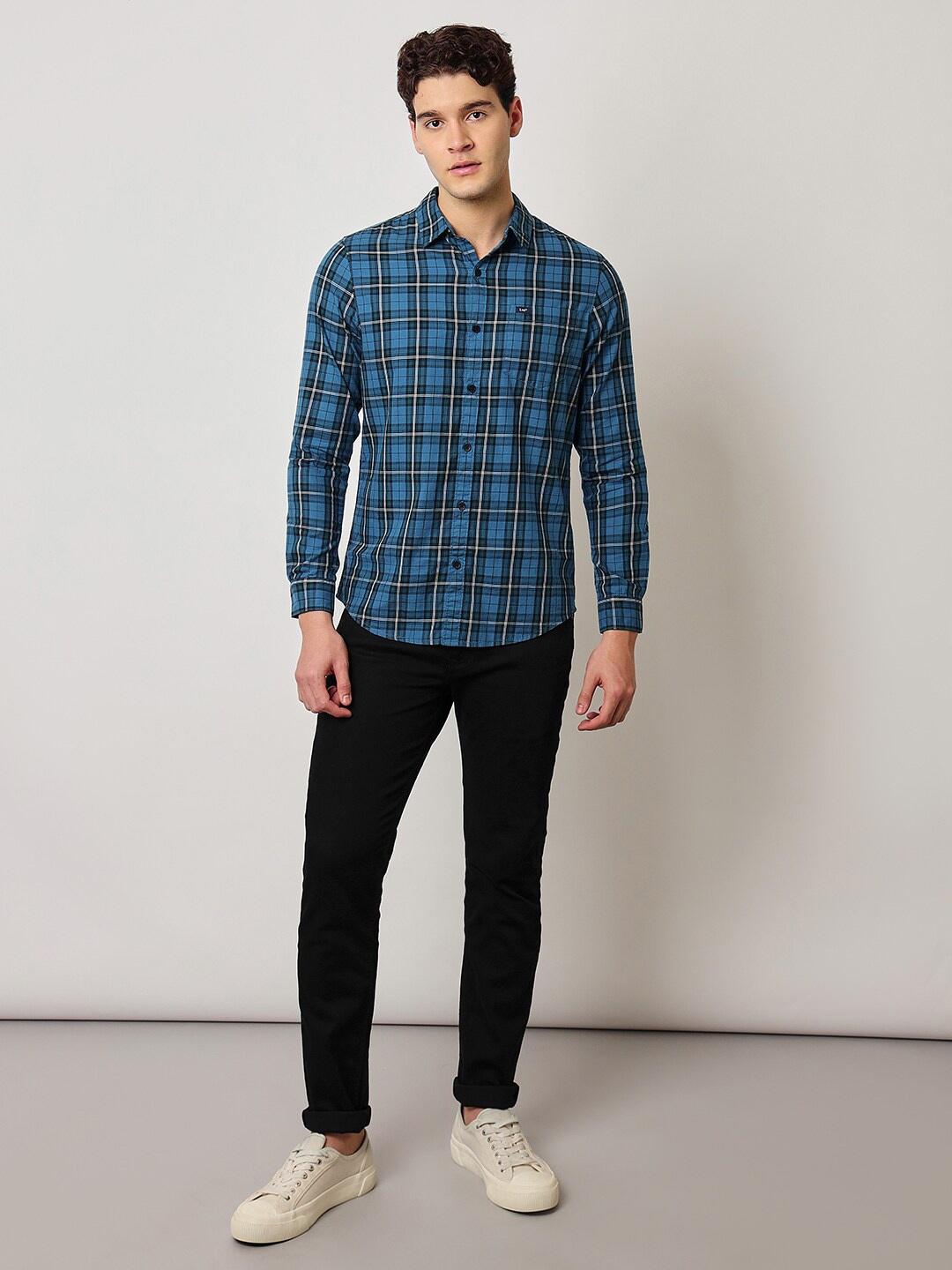 

Lee Slim Fit Tartan Checked Twill Cotton Casual Shirt, Blue