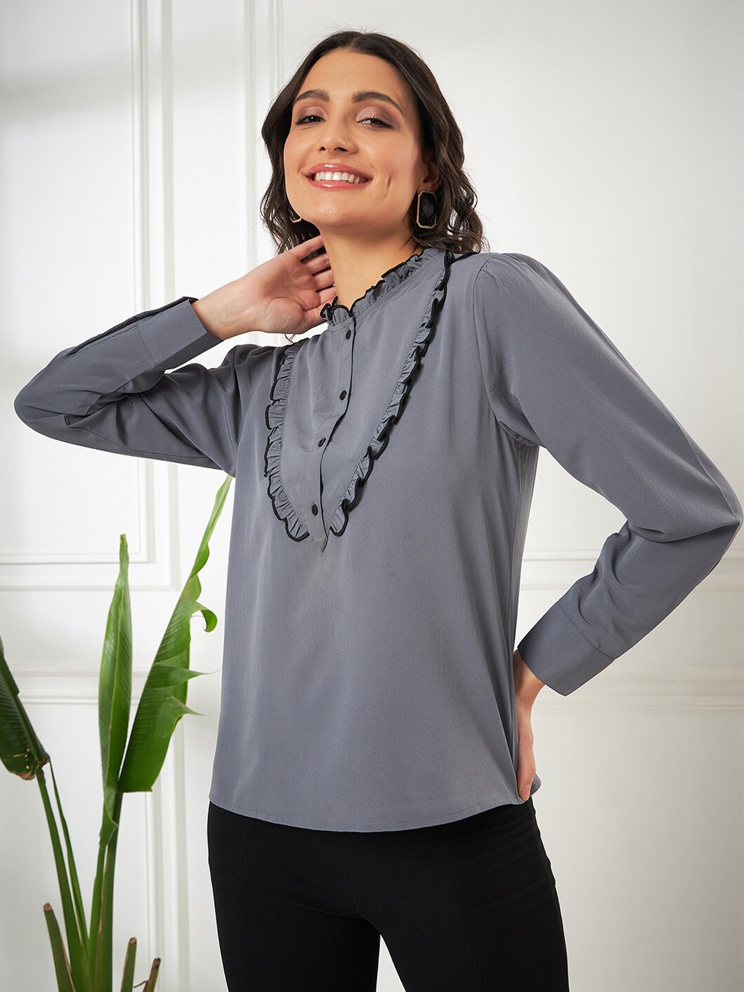 

Kibo High Neck Ruffles Detailed Regular Top, Grey melange