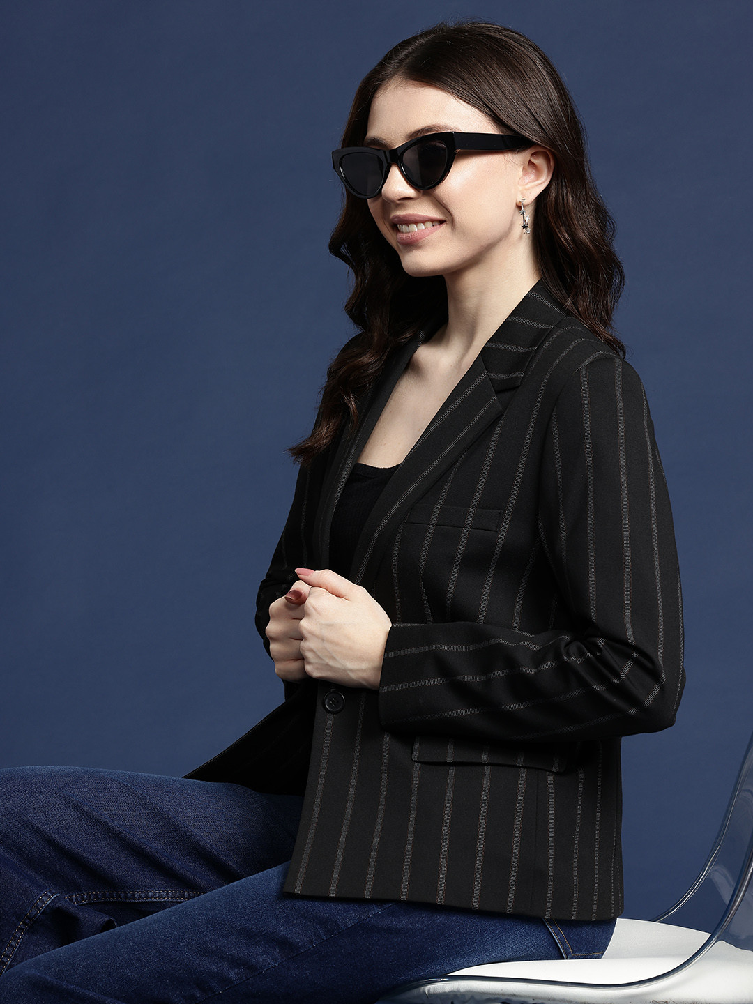 

Mast & Harbour Striped Single-Breasted Blazer, Black
