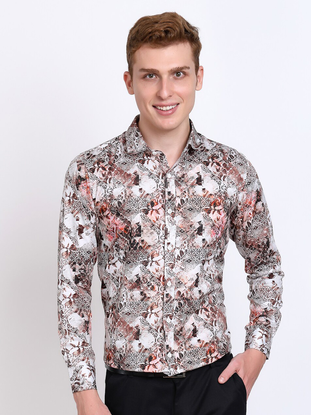 

DEZANO Slim Fit New Floral Printed Satin Formal Shirt, Coffee brown
