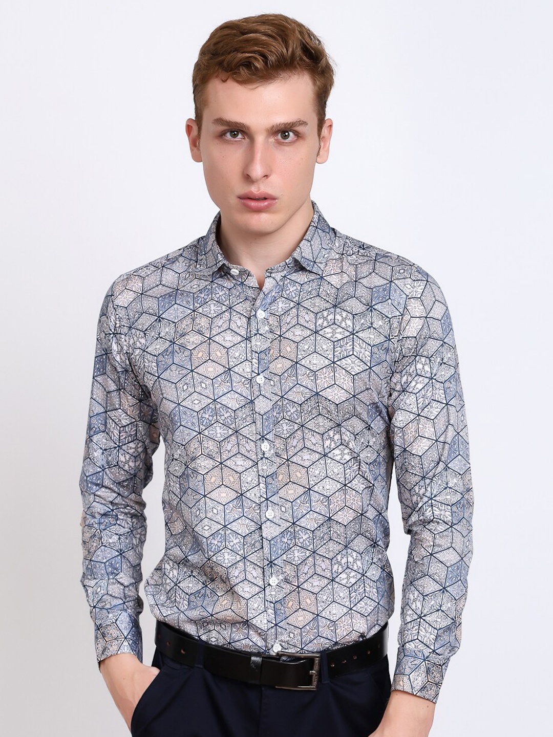 

DEZANO Slim Fit New Ethnic Motifs Printed Satin Formal Shirt, Blue