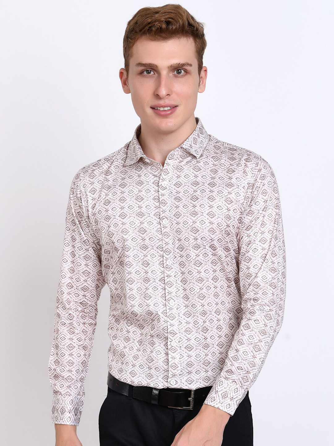 

DEZANO Slim Fit New Geometric Printed Formal Shirt, Cream