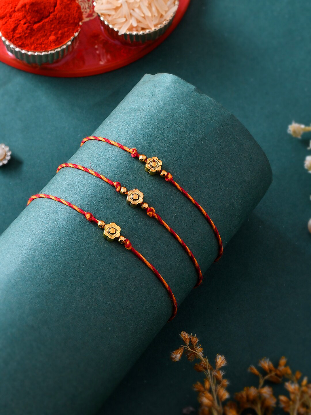 

Aapno Rajasthan Set Of 3 Beaded Rakhi, Gold
