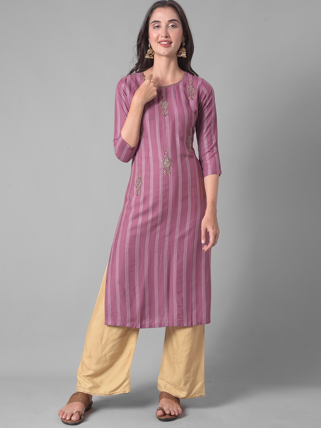 

Dollar Missy Striped Thread Work Straight Regular Kurta, Purple