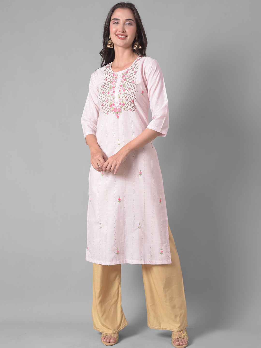 

Dollar Missy Floral Embroidered Round Neck Thread Work Regular Kurta, Pink