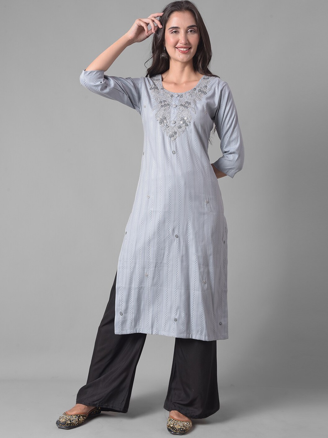 

Dollar Missy Ethnic Motifs Embroidered Sequined Straight Kurta, Grey