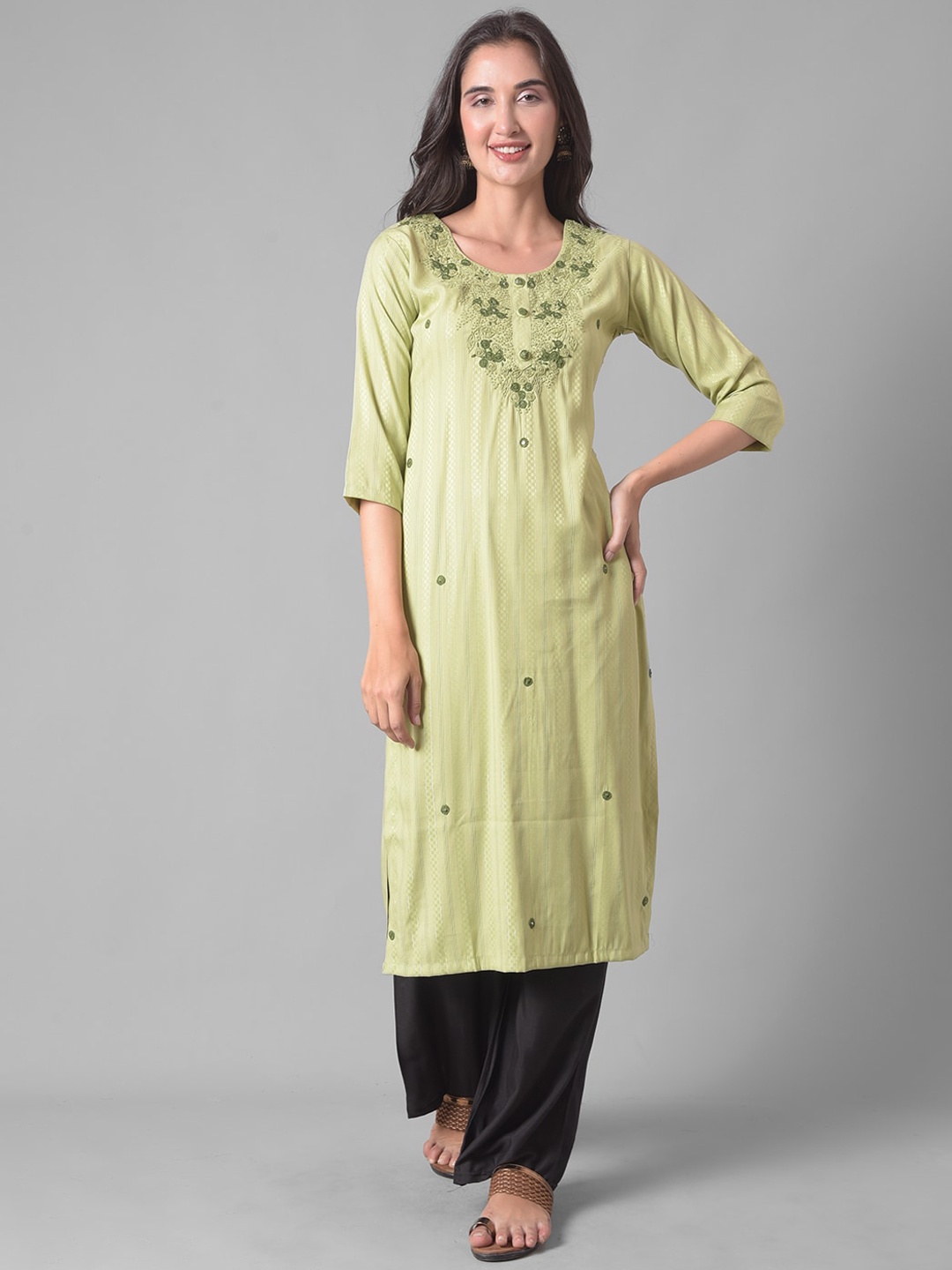 

Dollar Missy Floral Embroidered Thread Work Straight Kurta, Green