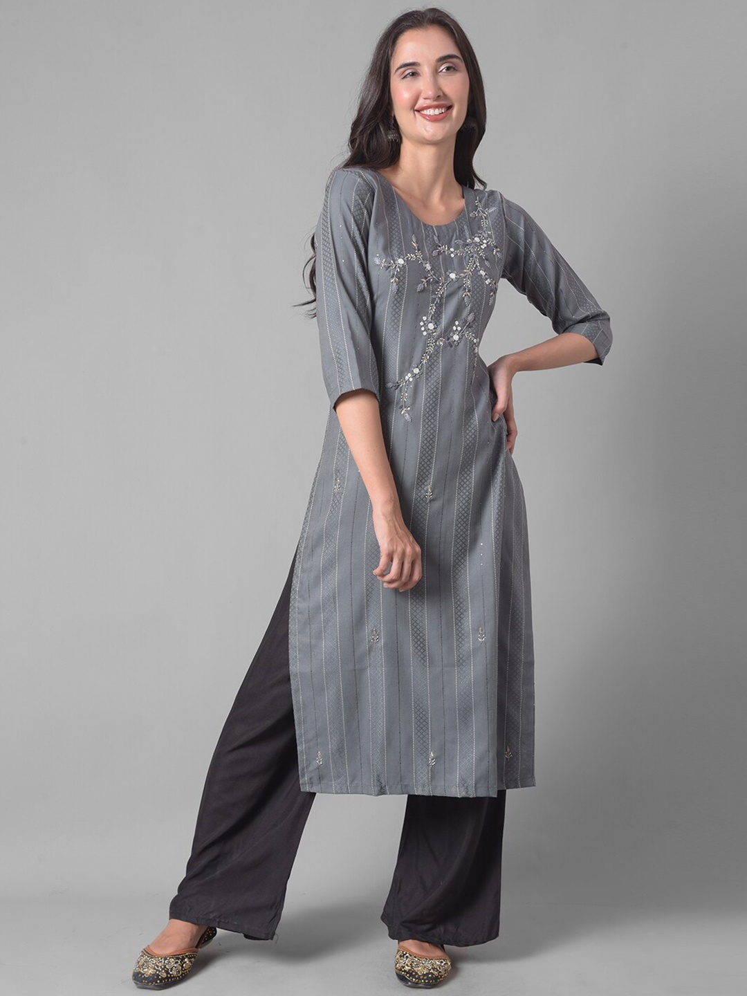 

Dollar Missy Floral Embroidered Beads & Stones Straight Kurta, Grey