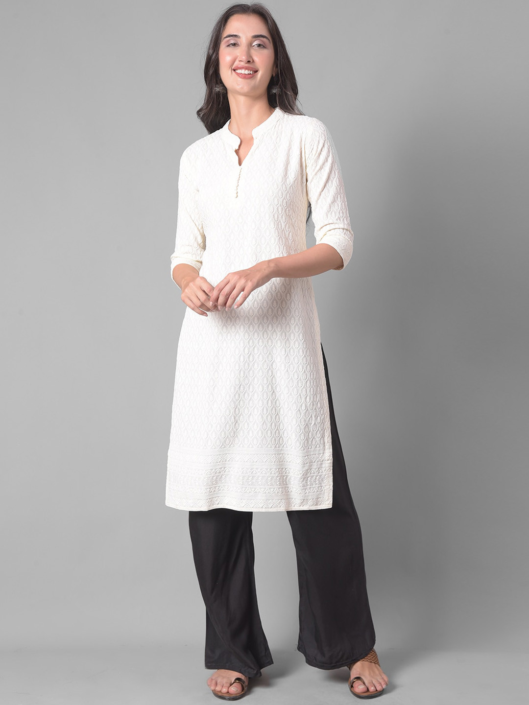 

Dollar Missy Ethnic Motifs Embroidered Mandarin Collar White Romance Straight Kurta, Cream