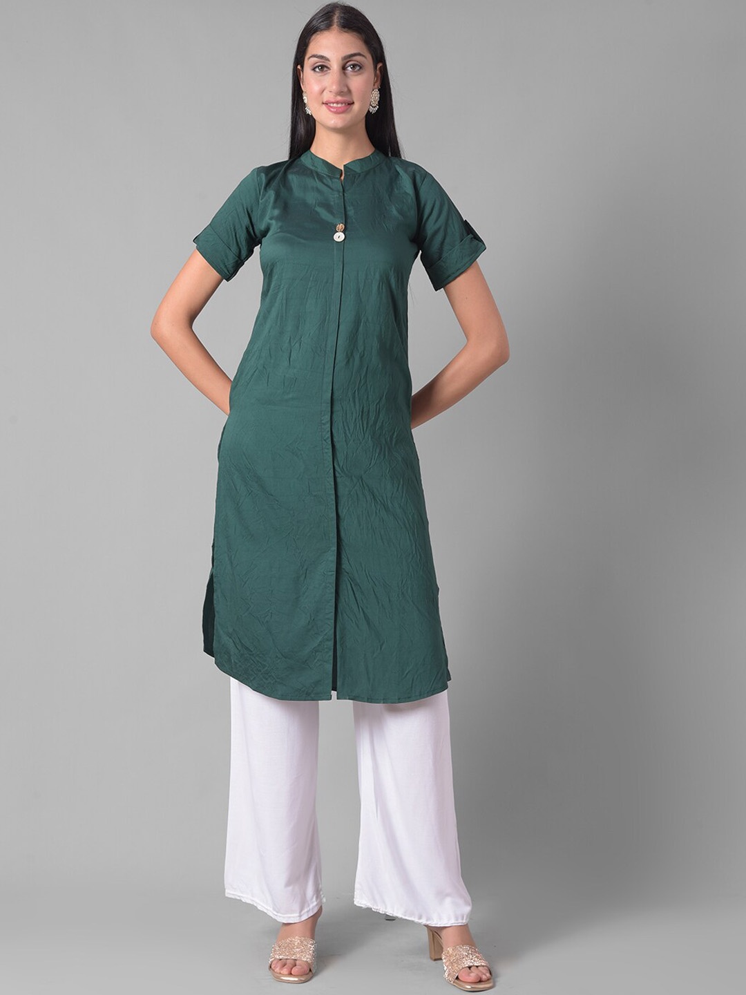 

Dollar Missy Mandarin Collar Roll-Up Sleeves Straight High Slit Kurta, Green