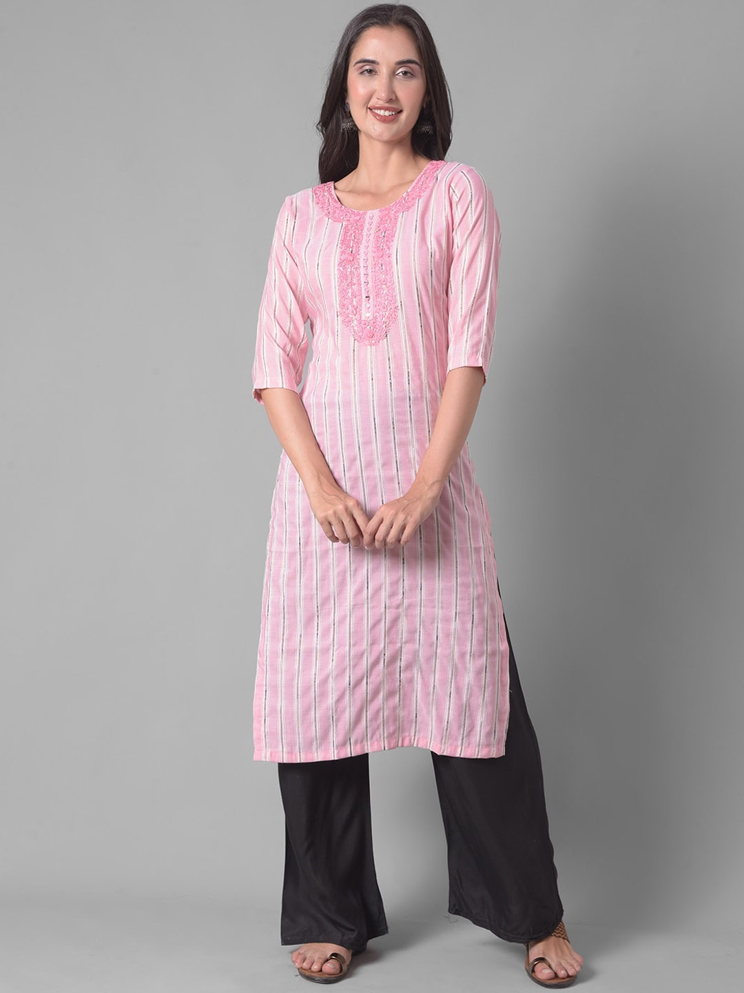 

Dollar Missy Ethnic Motifs Embroidered Round Neck Regular Kurta, Pink