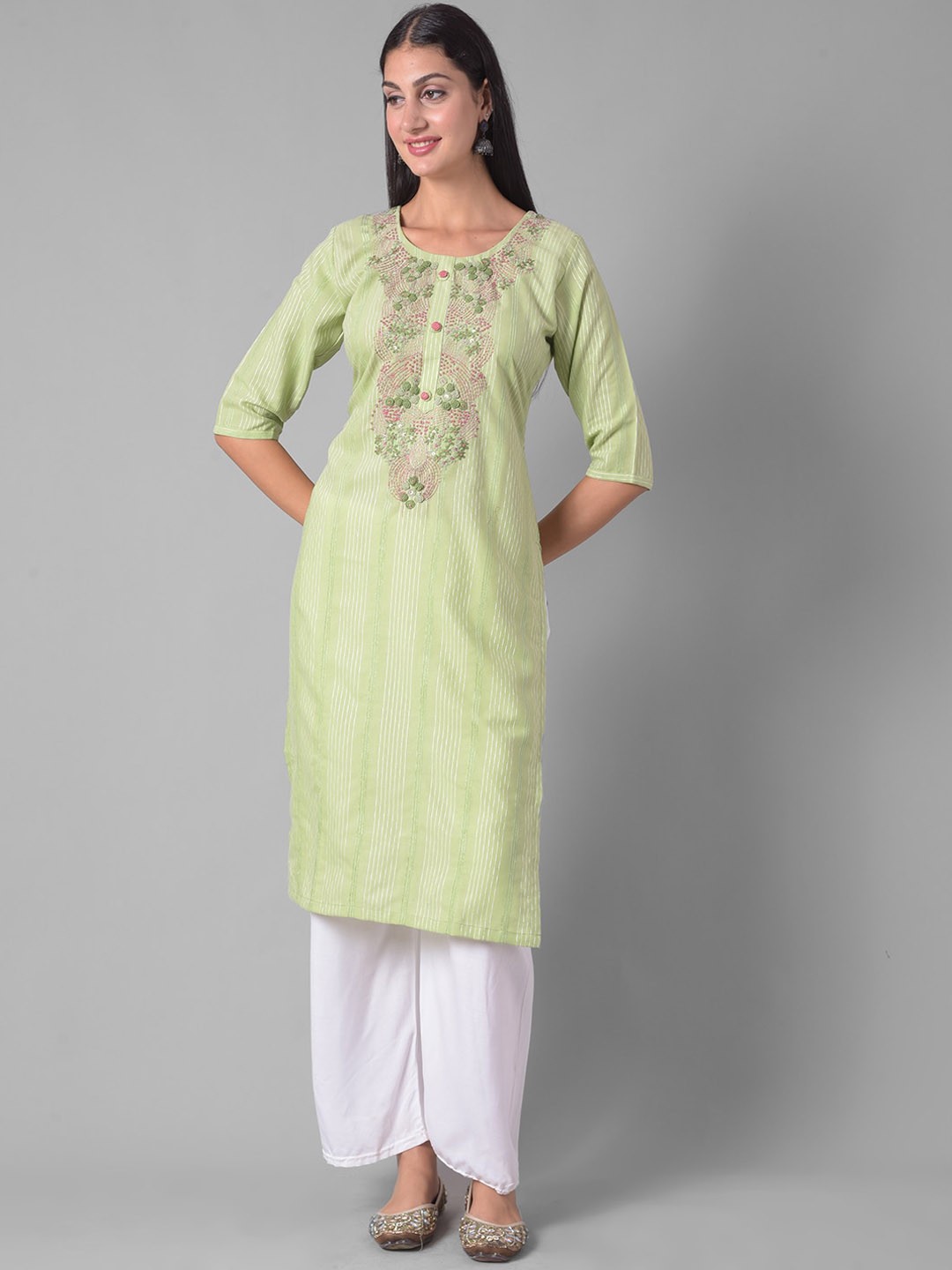 

Dollar Missy Floral Yoke Design Round Neck Straight Kurta, Green