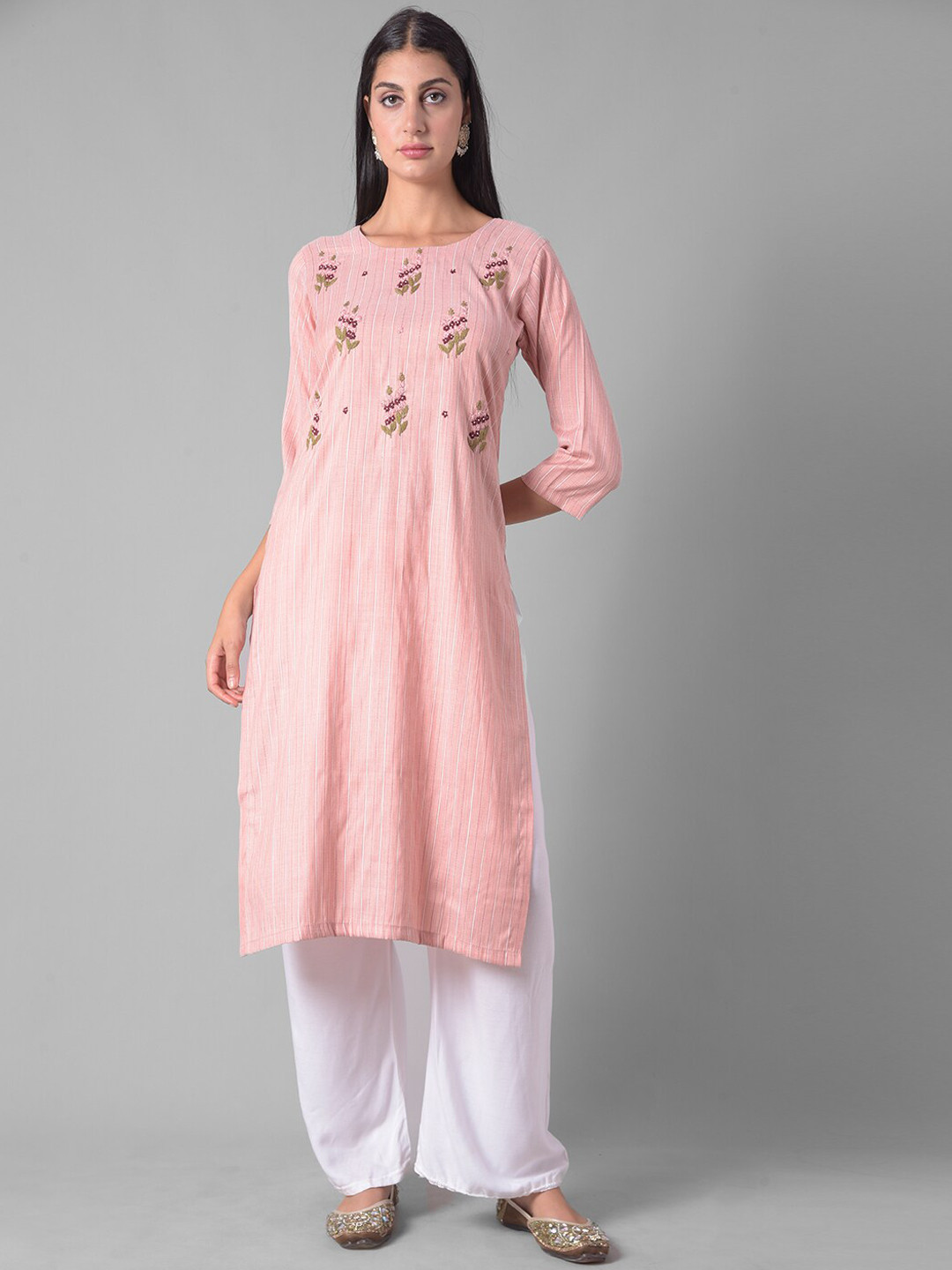 

Dollar Missy Floral Embroidered Thread Work Straight Kurta, Peach