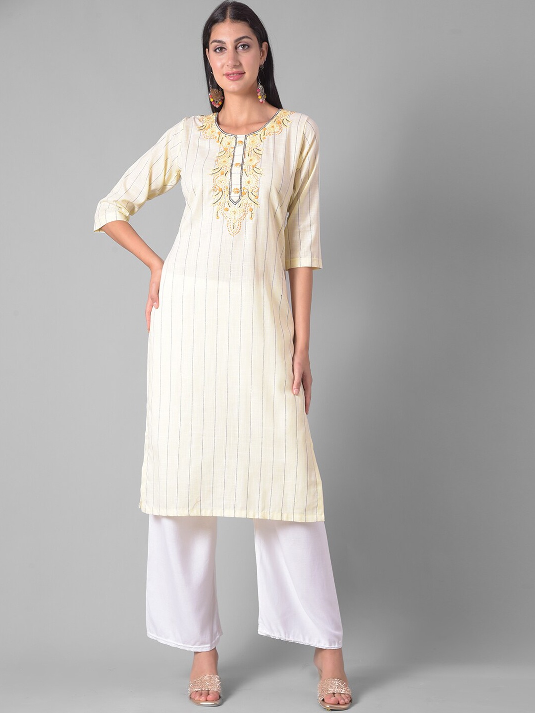 

Dollar Missy Striped Thread Work Straight Kurta, Yellow