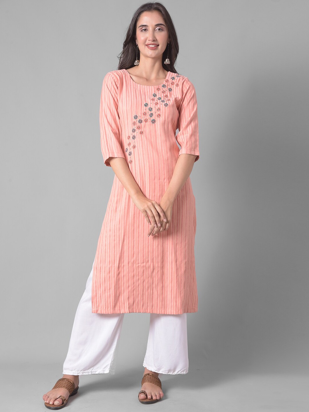 

Dollar Missy Striped Thread Work Sequinned Kurta, Peach
