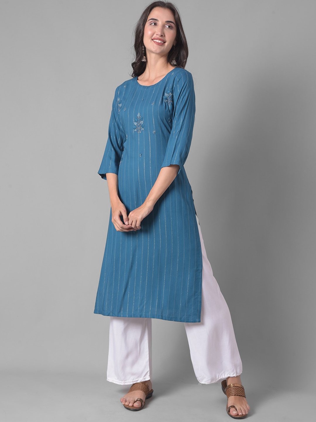 

Dollar Missy Striped Thread Work Straight Kurta, Blue