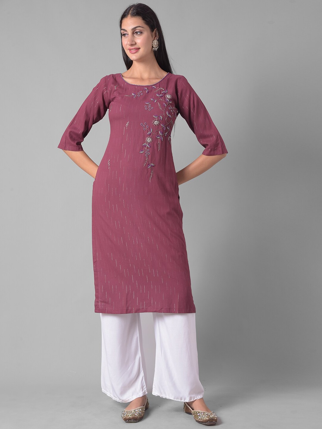 

Dollar Missy Floral Embroidered Thread Work Regular Kurta, Purple