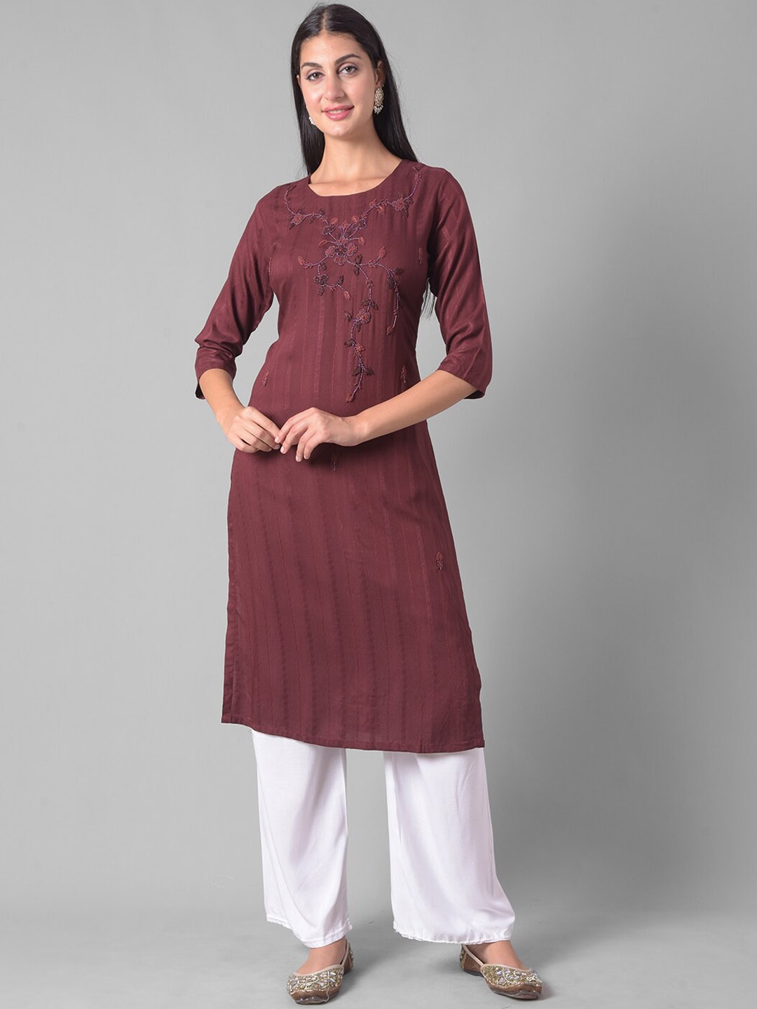 

Dollar Missy Floral Embroidered Round Neck Regular Kurta, Brown