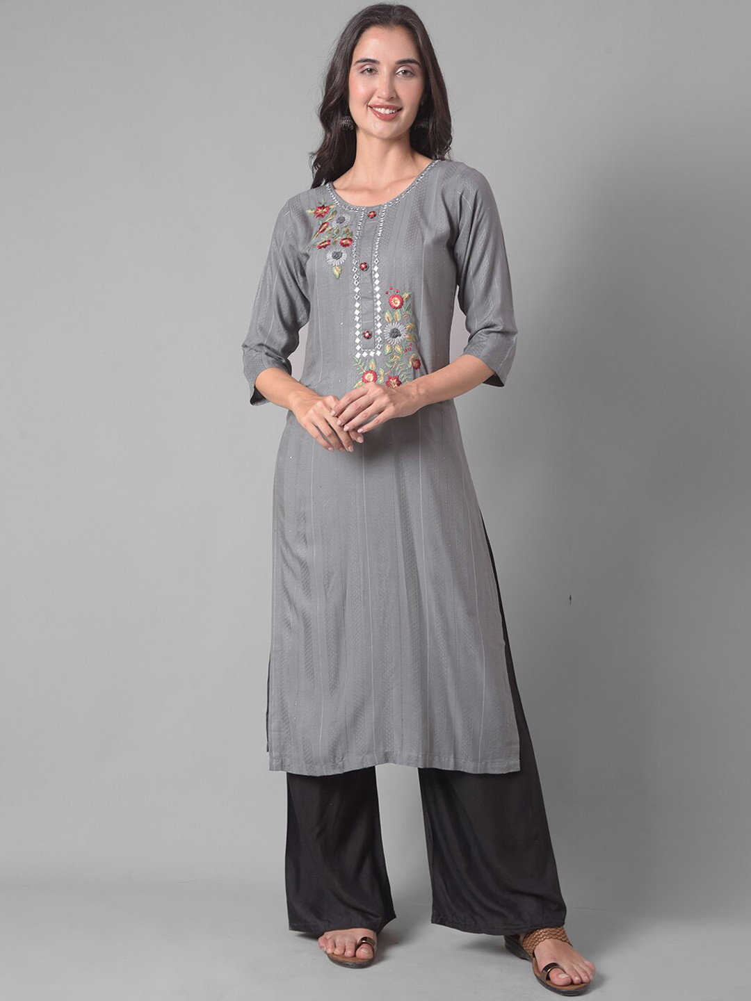 

Dollar Missy Floral Embroidered Sequinned Straight Regular Kurta, Grey