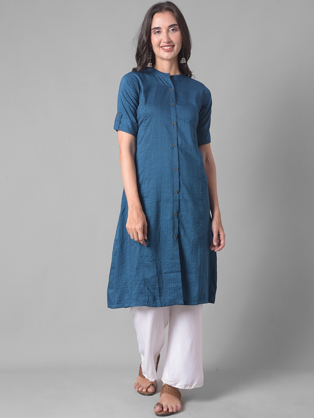 

Dollar Missy Mandarin Collar Roll-Up Sleeves A-Line Kurta, Blue