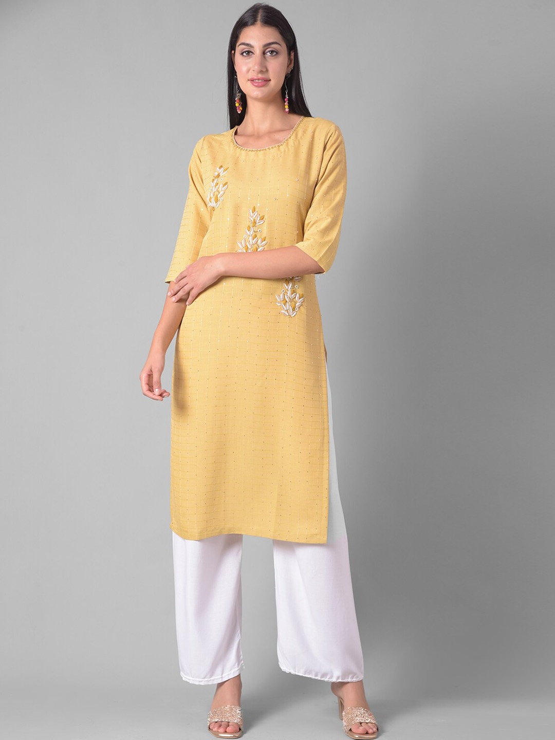 

Dollar Missy Floral Embroidered Beads & Stones Straight Kurta, Yellow