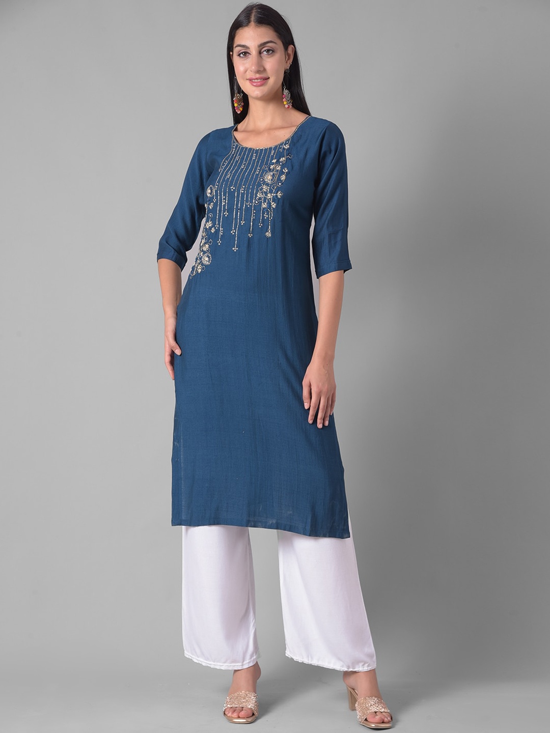 

Dollar Missy Embroidered Three-Quarter Sleeves Beads and Stones Kurta, Blue