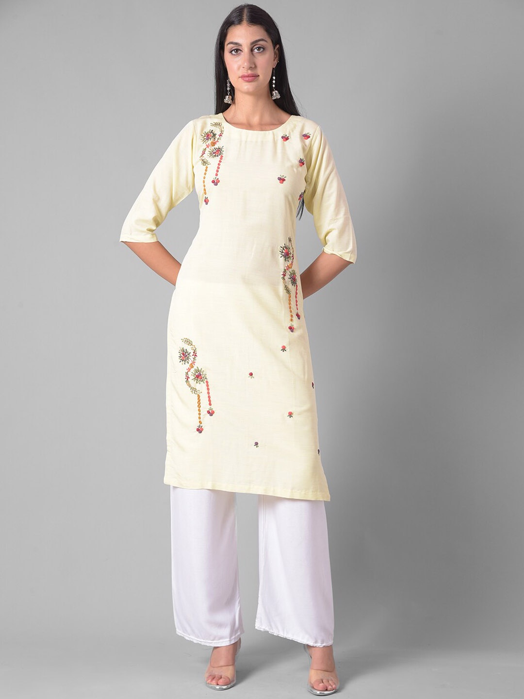 

Dollar Missy Floral Embroidered Round Neck Thread Work Regular Kurta, Yellow