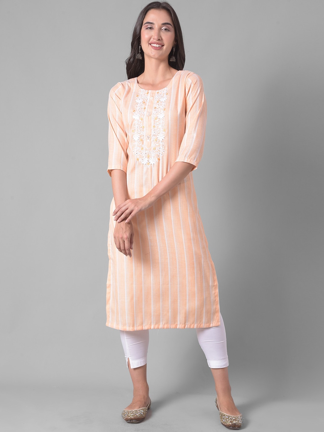 

Dollar Missy Striped Thread Work Kurta, Peach