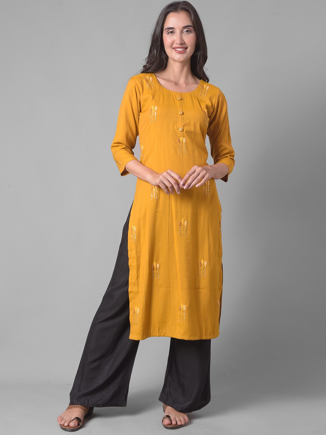 

Dollar Missy Round Neck Three-Quarter Sleeve Thread Work Kurta, Yellow