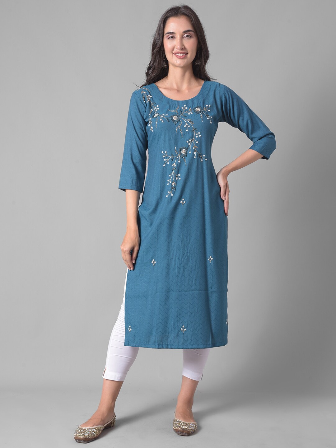 

Dollar Missy Floral Embroidered Beads & Stones Thread Work Straight Kurta, Blue