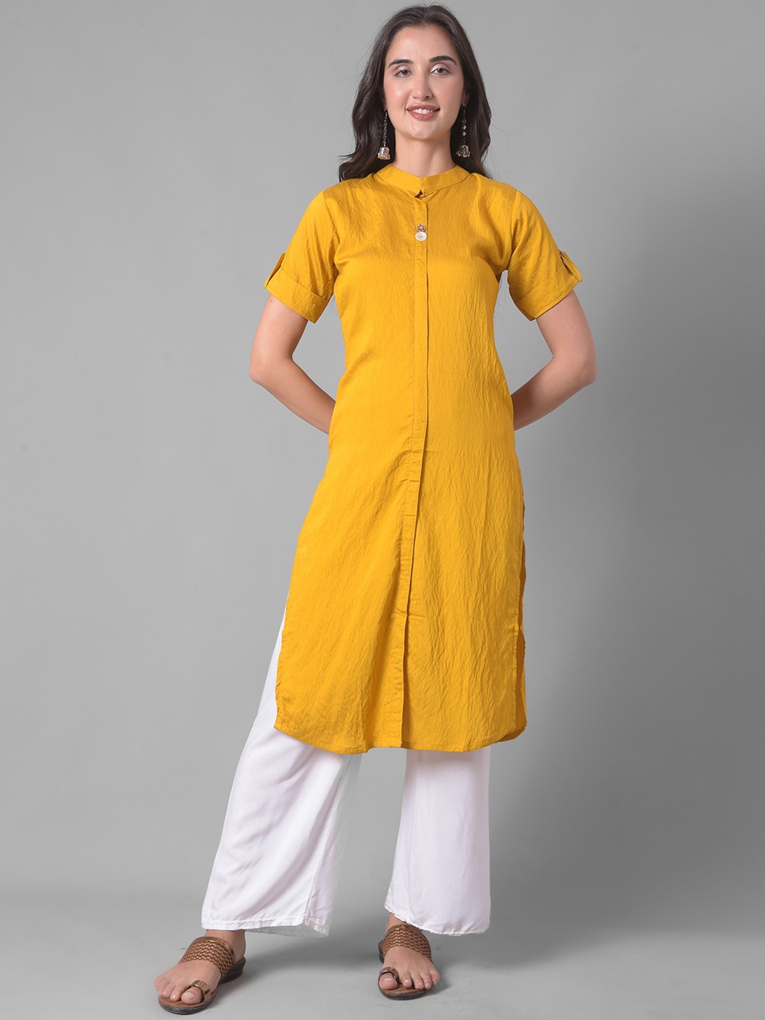 

Dollar Missy Women Mandarin Collar Roll-Up Sleeves Pathani Kurta, Mustard