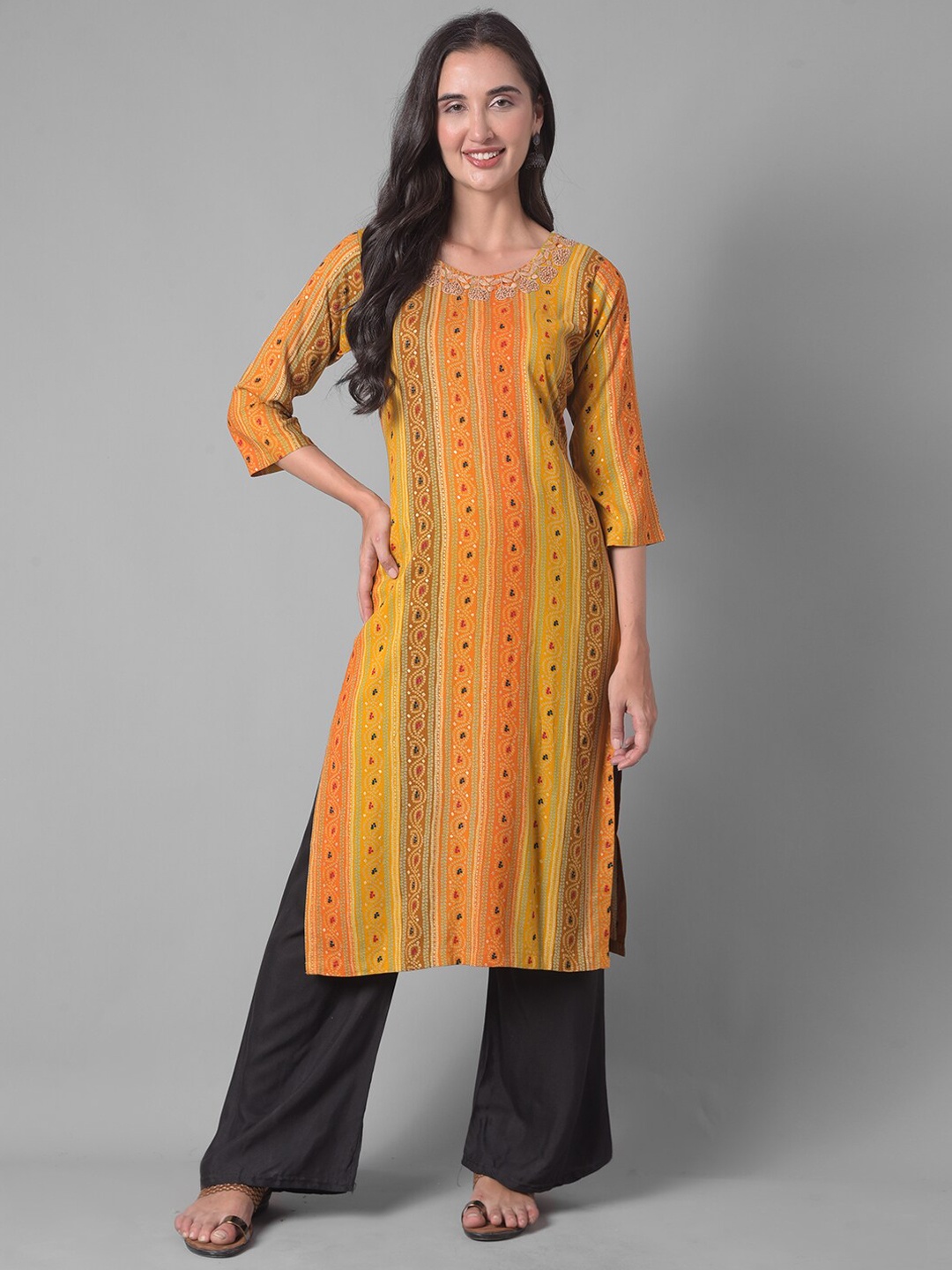 

Dollar Missy Ethnic Motifs Printed Sequinned Regular Kurta, Yellow