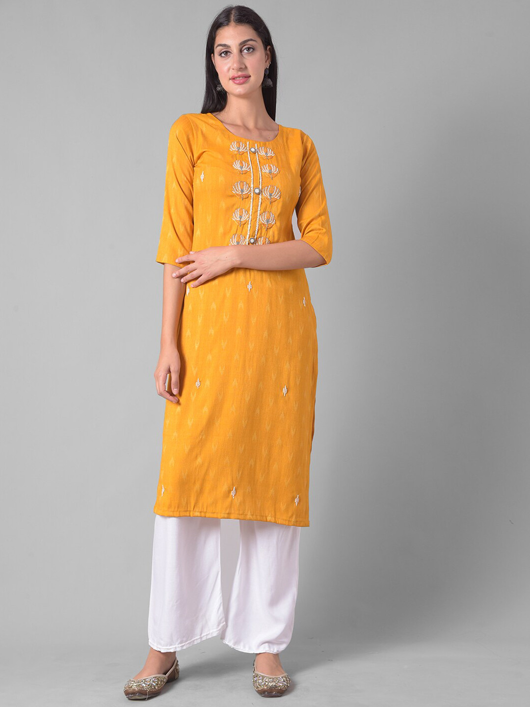 

Dollar Missy Ethnic Motifs Embroidered Mirror Work Straight Kurta, Yellow