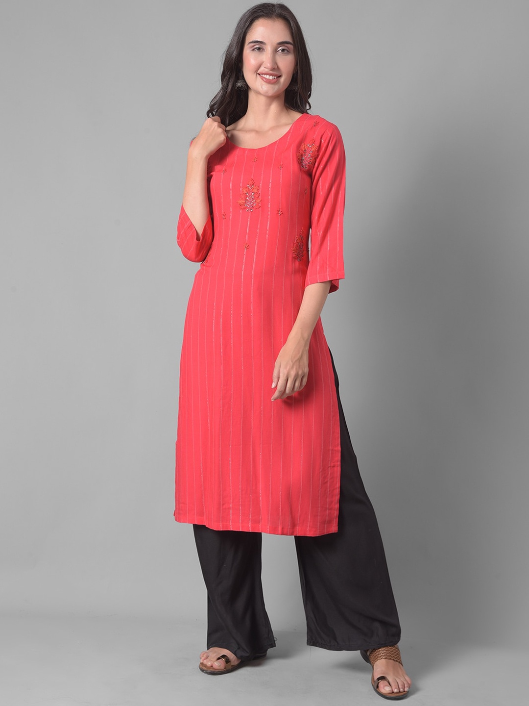 

Dollar Missy Striped Round Neck Thread Work Straight Kurta, Red