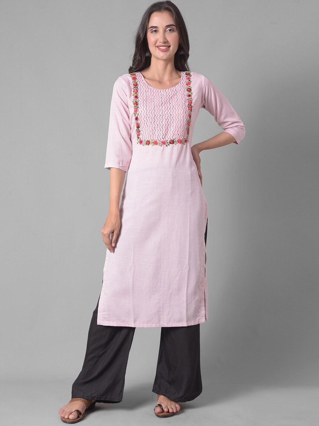 

Dollar Missy Floral Embroidered Yoke Design Thread Work Pastel Straight Kurta, Pink