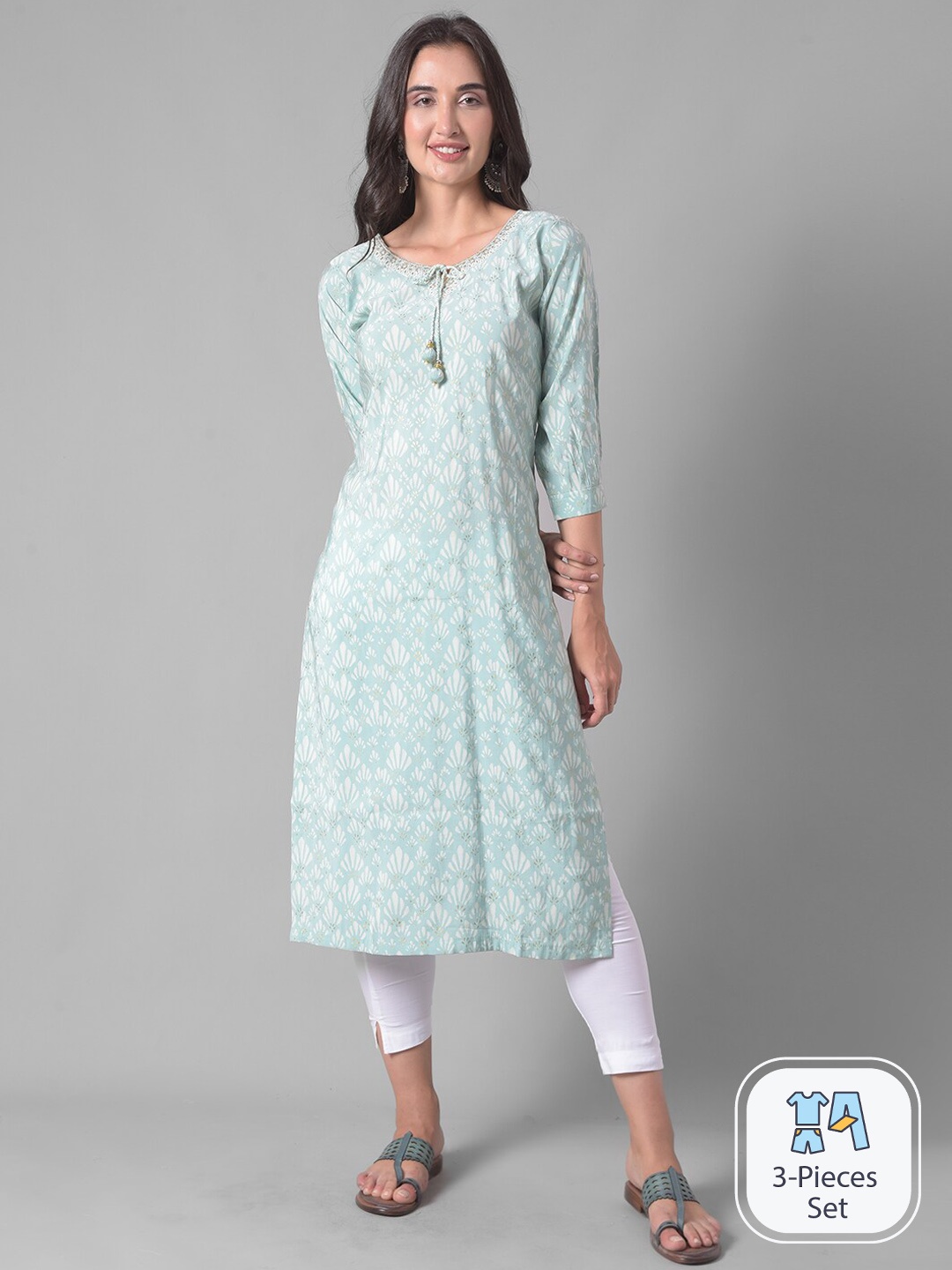 

Dollar Missy Floral Foil Printed Straight Kurta & Leggings With Dupatta, Green