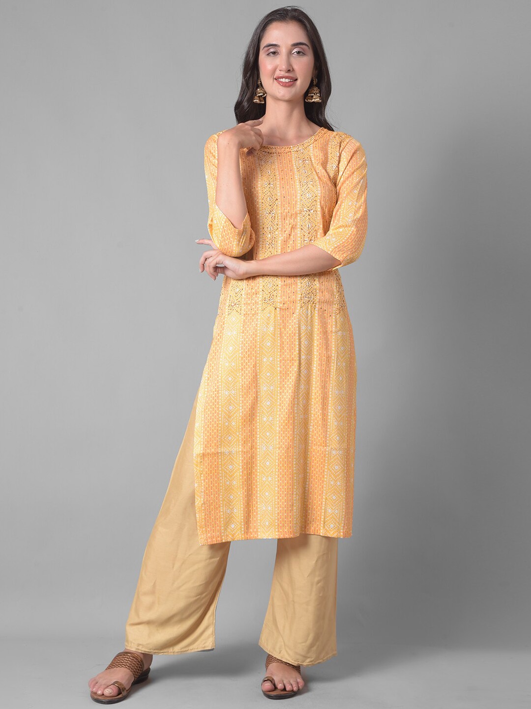 

Dollar Missy Bandhani Printed Sequined Straight Kurta with Palazzos, Yellow