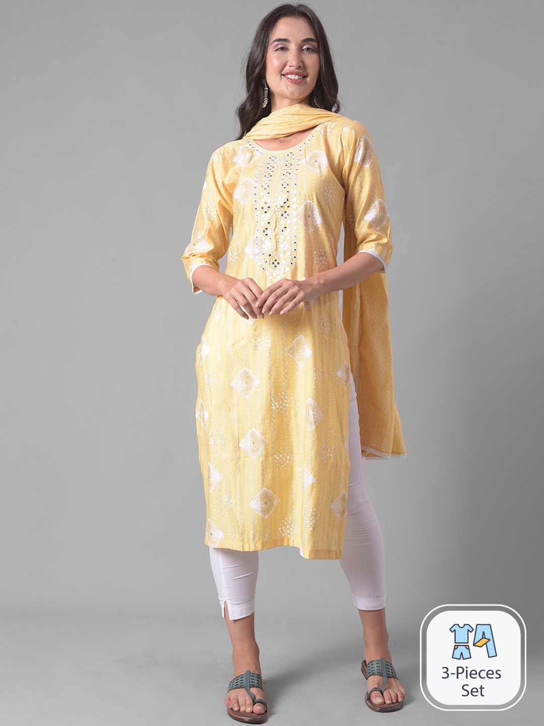 

Dollar Missy Geometric Printed Regular Mirror Work Kurta With Trousers & Dupatta, Yellow